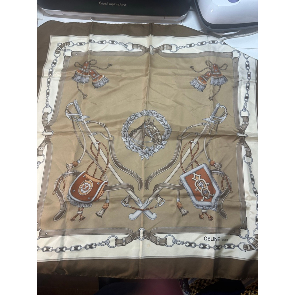 Women's Celine Beige & Brown Horse Print Silk Scarf One Size